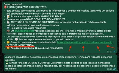 Em todas as conversas com Dr Brunno pelo Whatsapp aparece este aviso.
