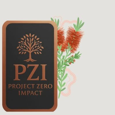 Logo of Project Zero Impact with a tree and flowers.