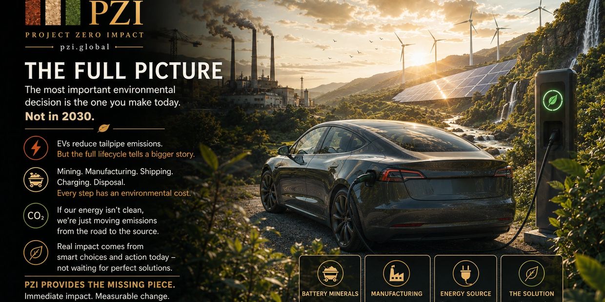 Picture of generic EV, Wind turbine and coal plant.
