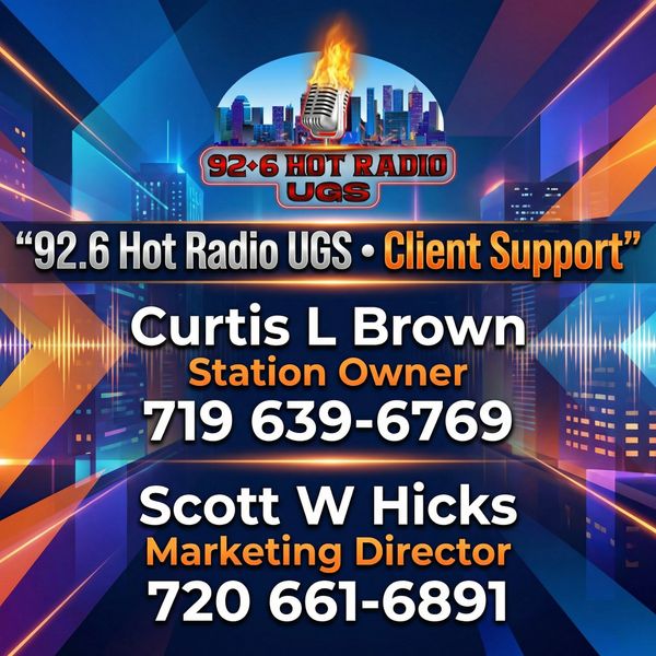 Business card for 92.6 Hot Radio UGS with contact info for Curtis L Brown and Scott W Hicks.