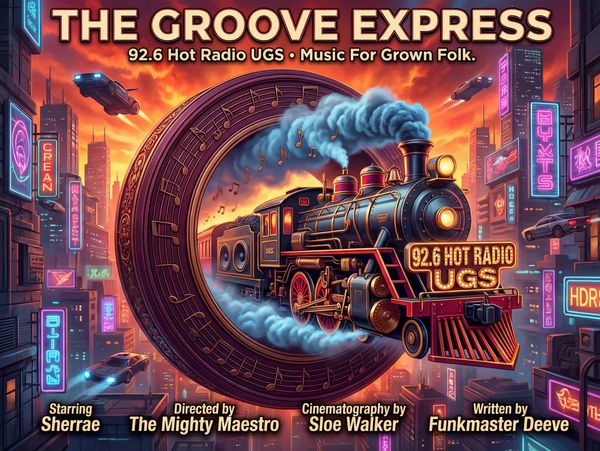 Retro-futuristic train emitting music in a neon cityscape for The Groove Express radio.