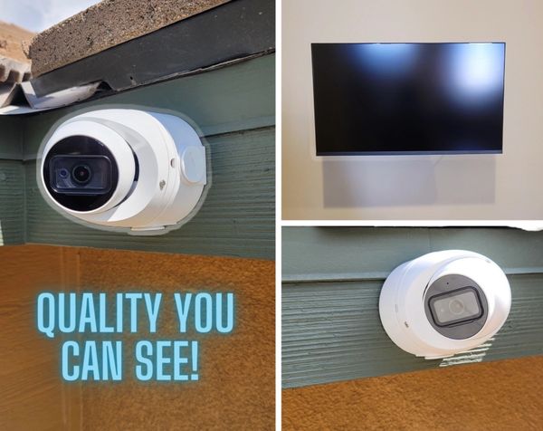 Outdoor security cameras installed with wall-mounted TV display.