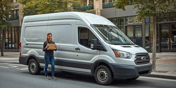 Woman standing next to a white delivery van holding a cardboard box.