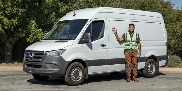 Man in safety vest waving beside a white delivery van.