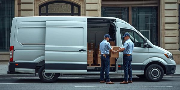 Two delivery workers handling packages next to a white van.