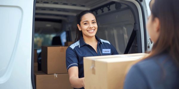 Smiling delivery woman handing over a package from a van.