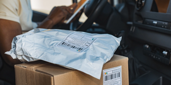 Packages ready for delivery inside a vehicle.