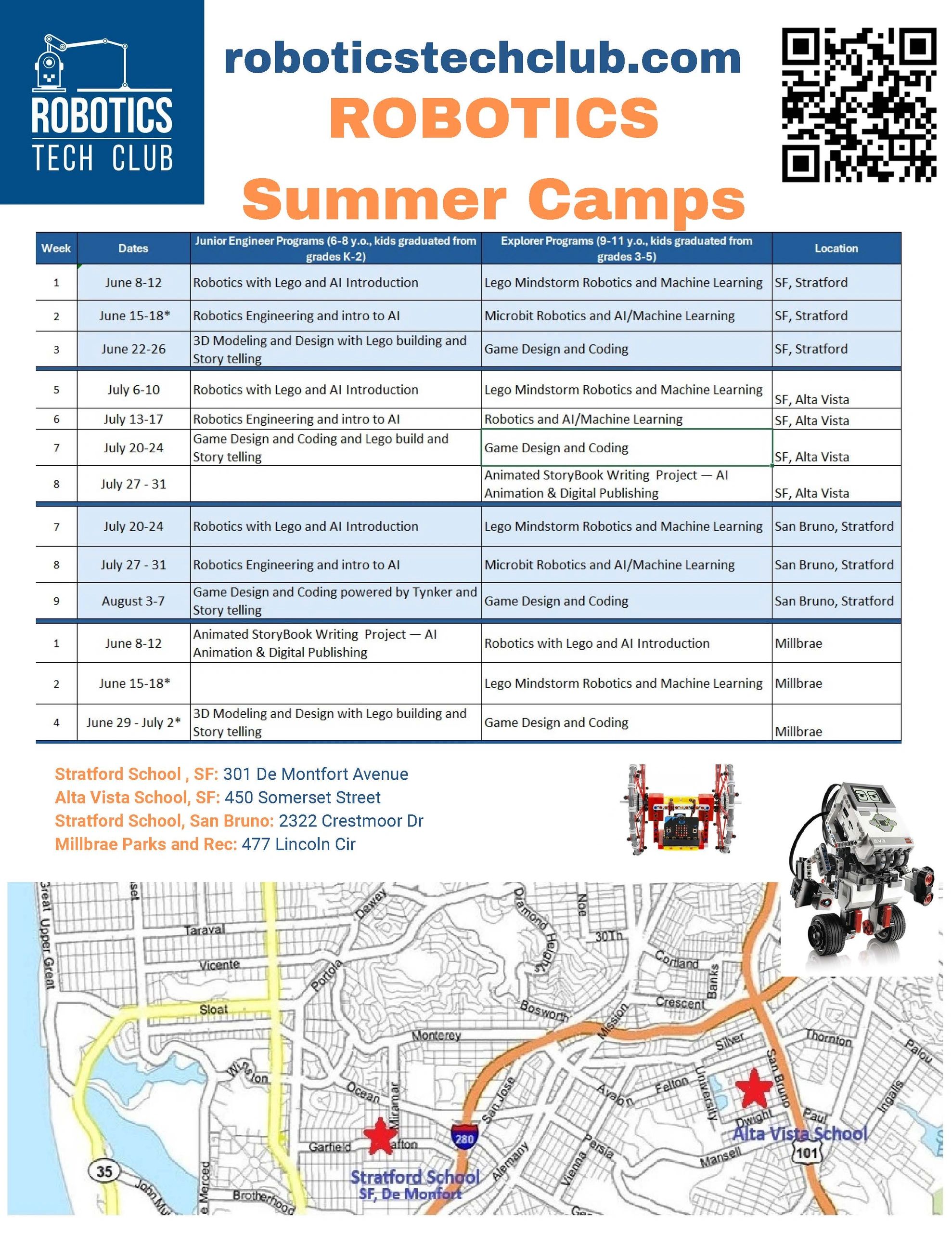 Flyer for Robotics Tech Club summer camps with course dates and locations.