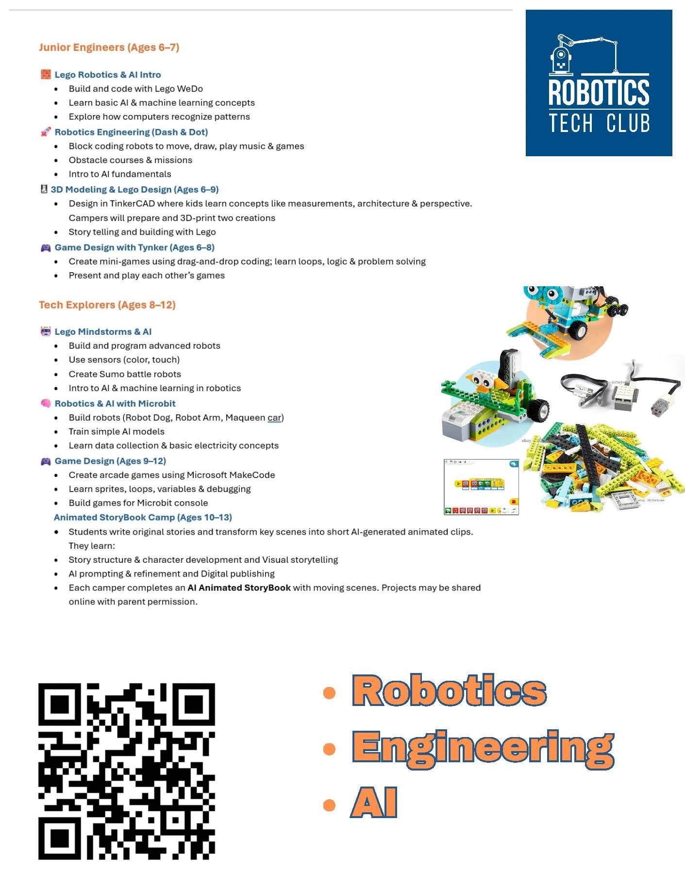 Robotics Tech Club flyer detailing programs for ages 6-13 with activities and learning goals.
