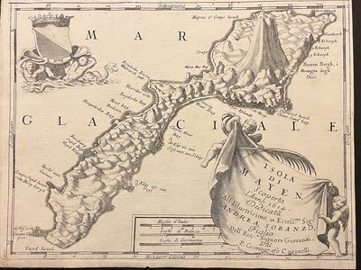 Antique map showing a glacial region with artistic sea creatures and a decorative cartouche.
