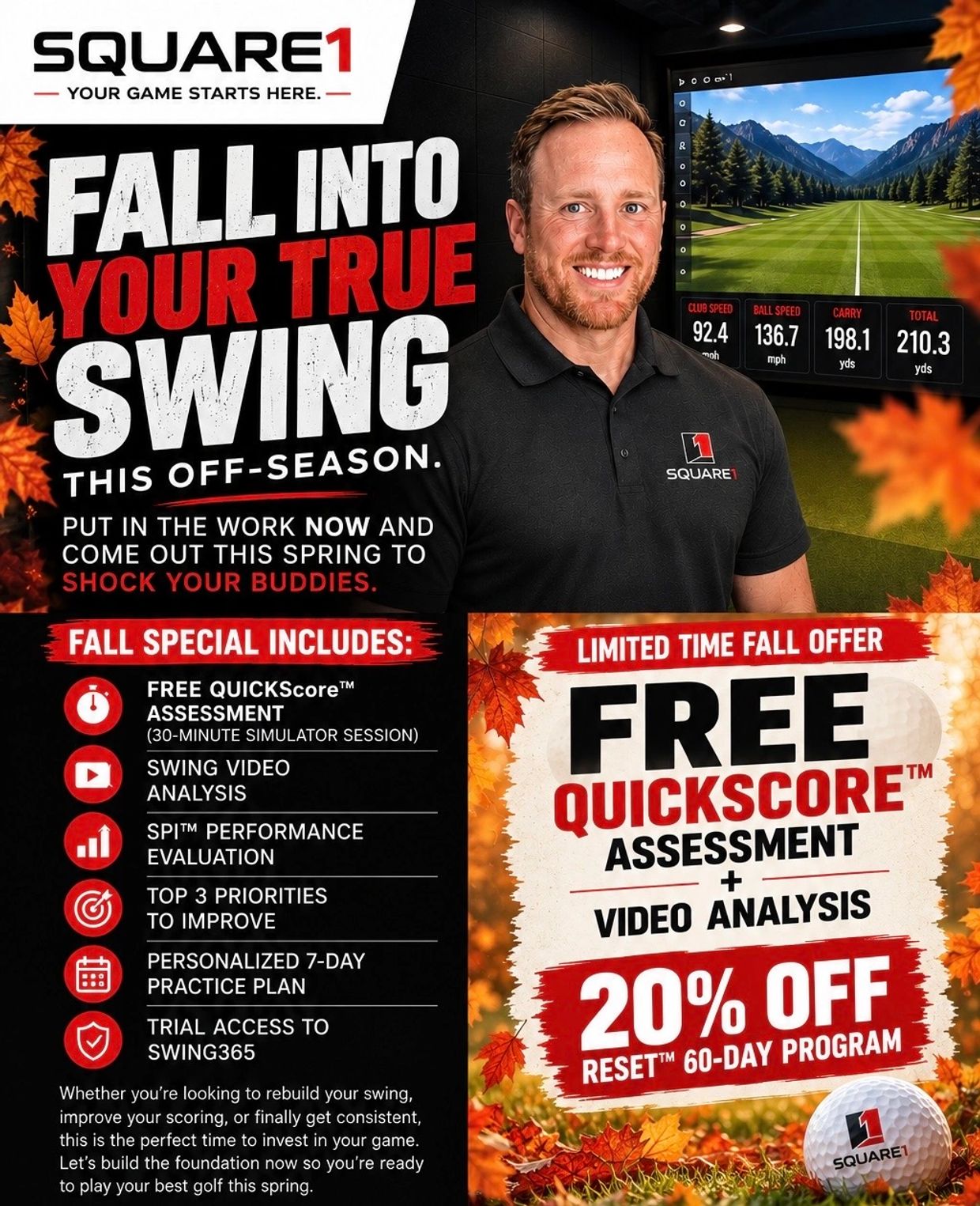 Golf training offer with swing assessment and video analysis.
