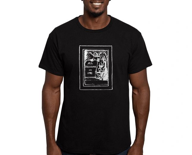 Man wearing a black t-shirt with a white graphic and text.