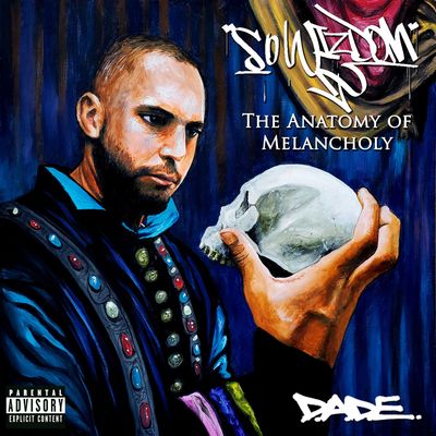 A man holding a skull, reflecting on melancholy, album cover art.