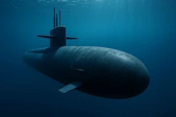 A large military submarine submerged in deep blue ocean water.