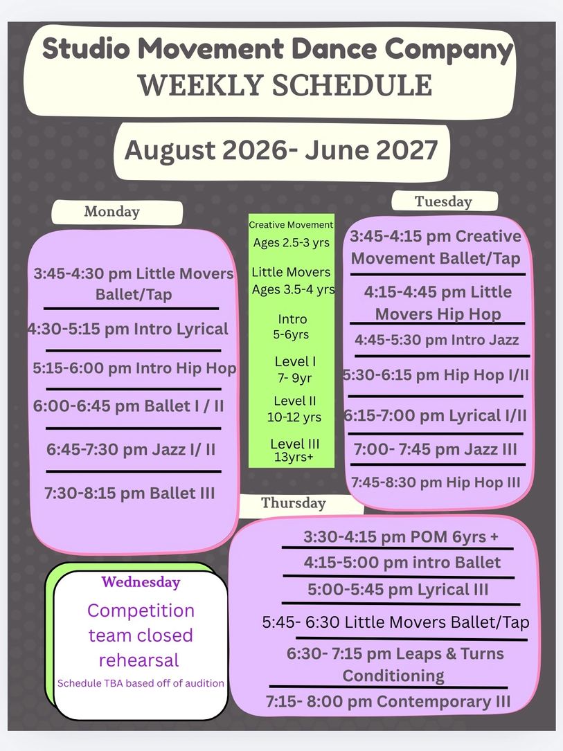 Weekly dance class schedule for Studio Movement from August 2026 to June 2027.