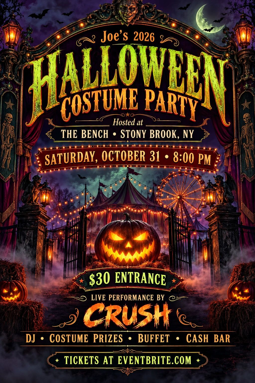 Halloween costume party flyer for Joe's 2026 event on October 31.