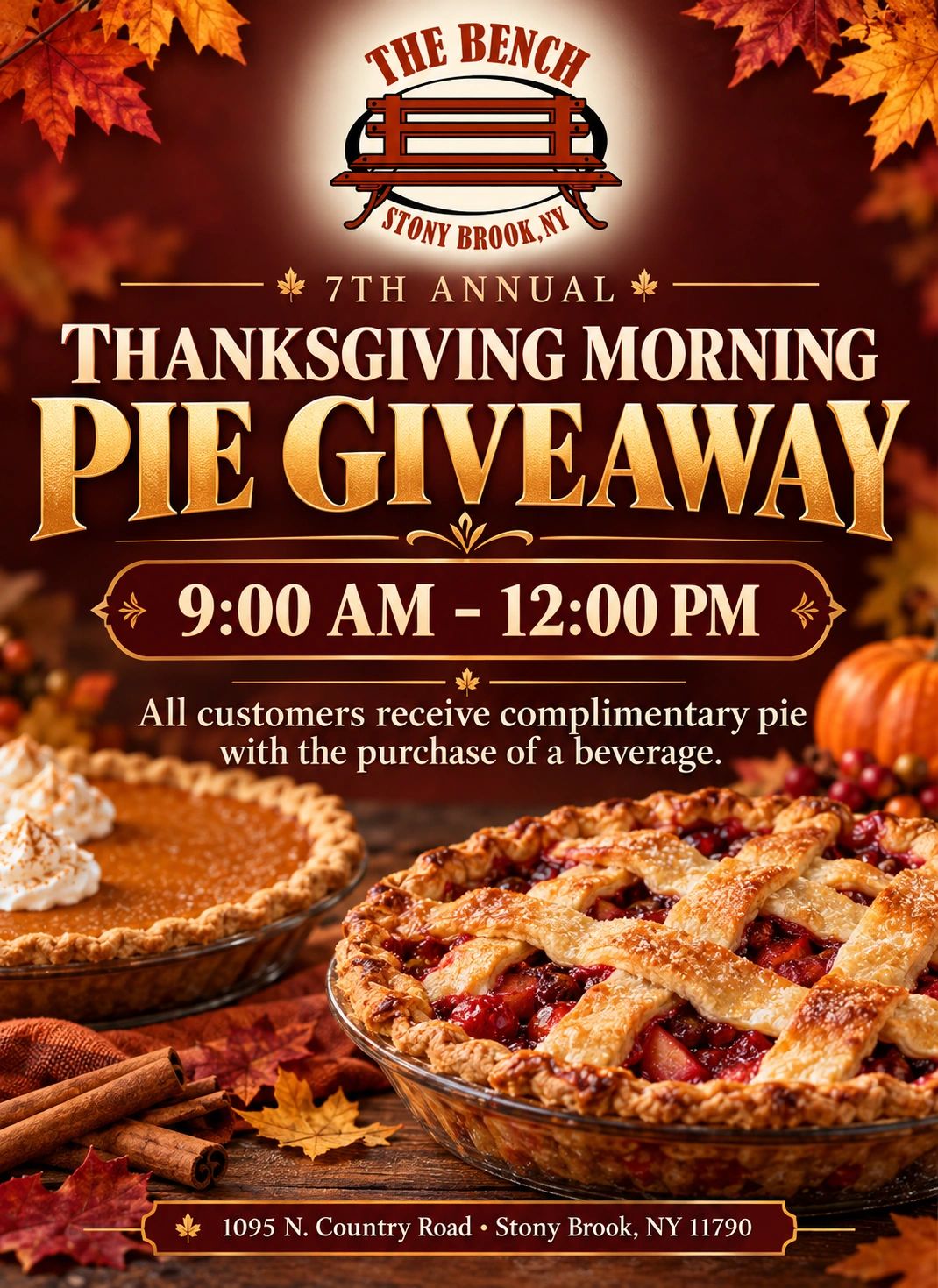 7th Annual Thanksgiving Morning Pie Giveaway at The Bench in Stony Brook.