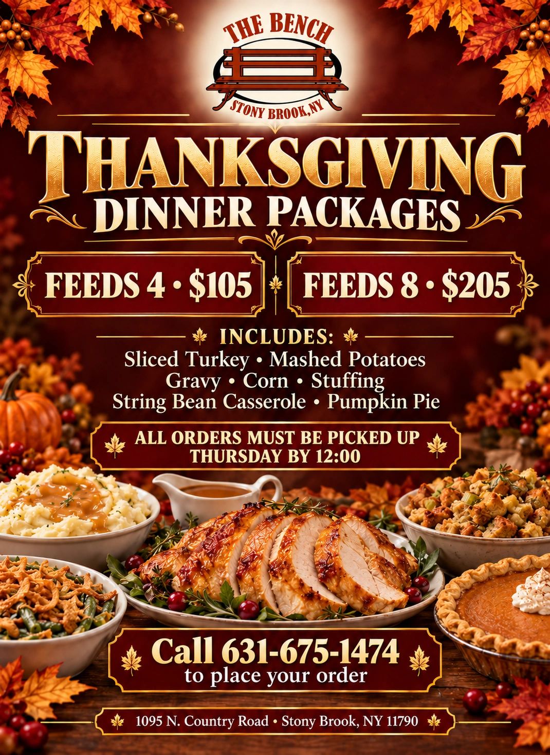 Thanksgiving dinner packages with turkey, mashed potatoes, and pumpkin pie.