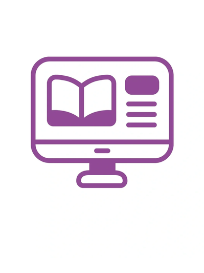 Purple icon of an open book on a computer screen symbolizing digital reading.