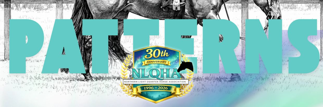 Logo celebrating NLQHA's 30th anniversary with a horse illustration and bold 'PATTERNS' text.