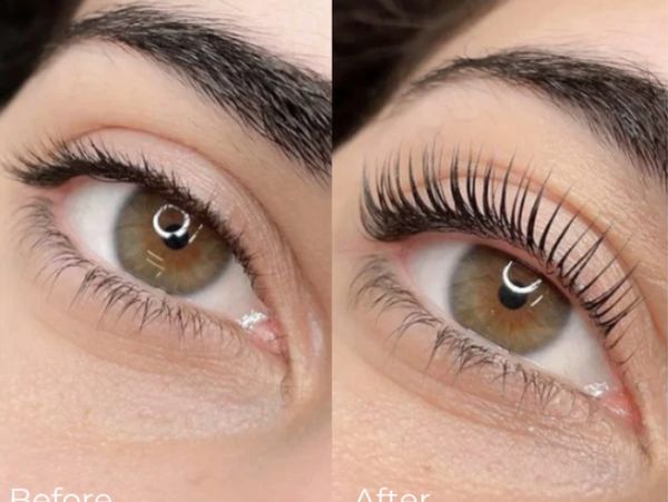Close-up of an eye before and after eyelash enhancement.