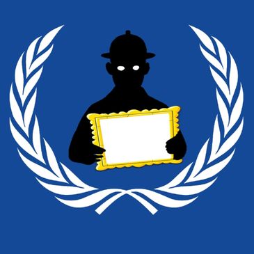 Silhouette holding a blank frame with laurel wreath on blue background.
