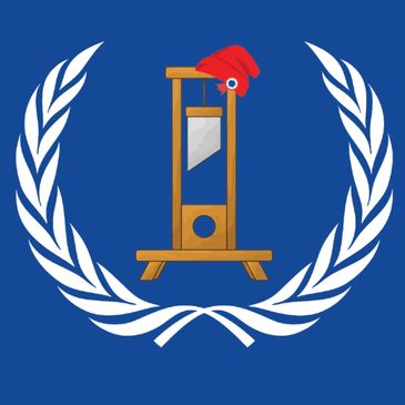 Guillotine with a red Phrygian cap surrounded by laurel branches on blue.