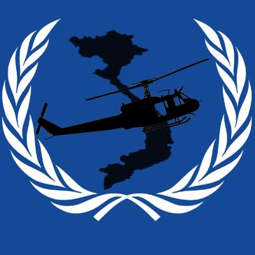 Silhouette of helicopter over Vietnam map with UN laurel wreath.
