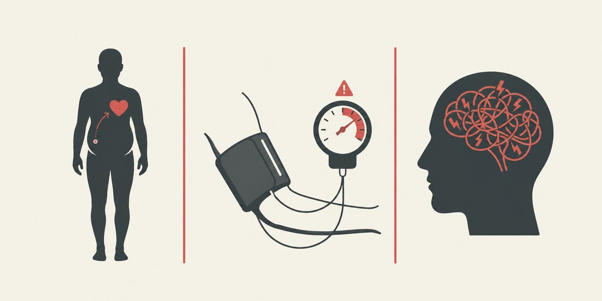 Illustration showing obesity linked to high blood pressure and brain stress.
