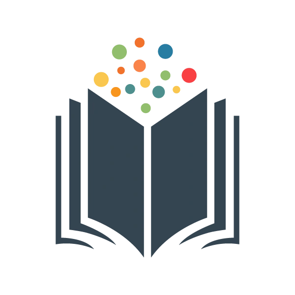 Open book with colorful dots rising above it, symbolizing knowledge and ideas.