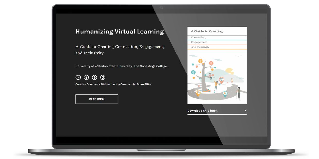 Laptop screen showing 'Humanizing Virtual Learning' book by Canadian universities.