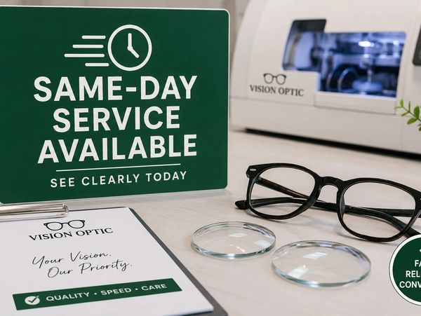 Optical service sign with glasses and lenses on a table.