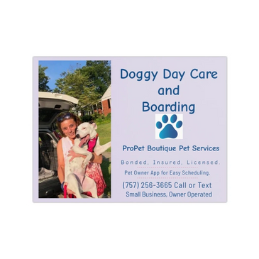 Happy woman holding a dog, advertising doggy day care and boarding services.