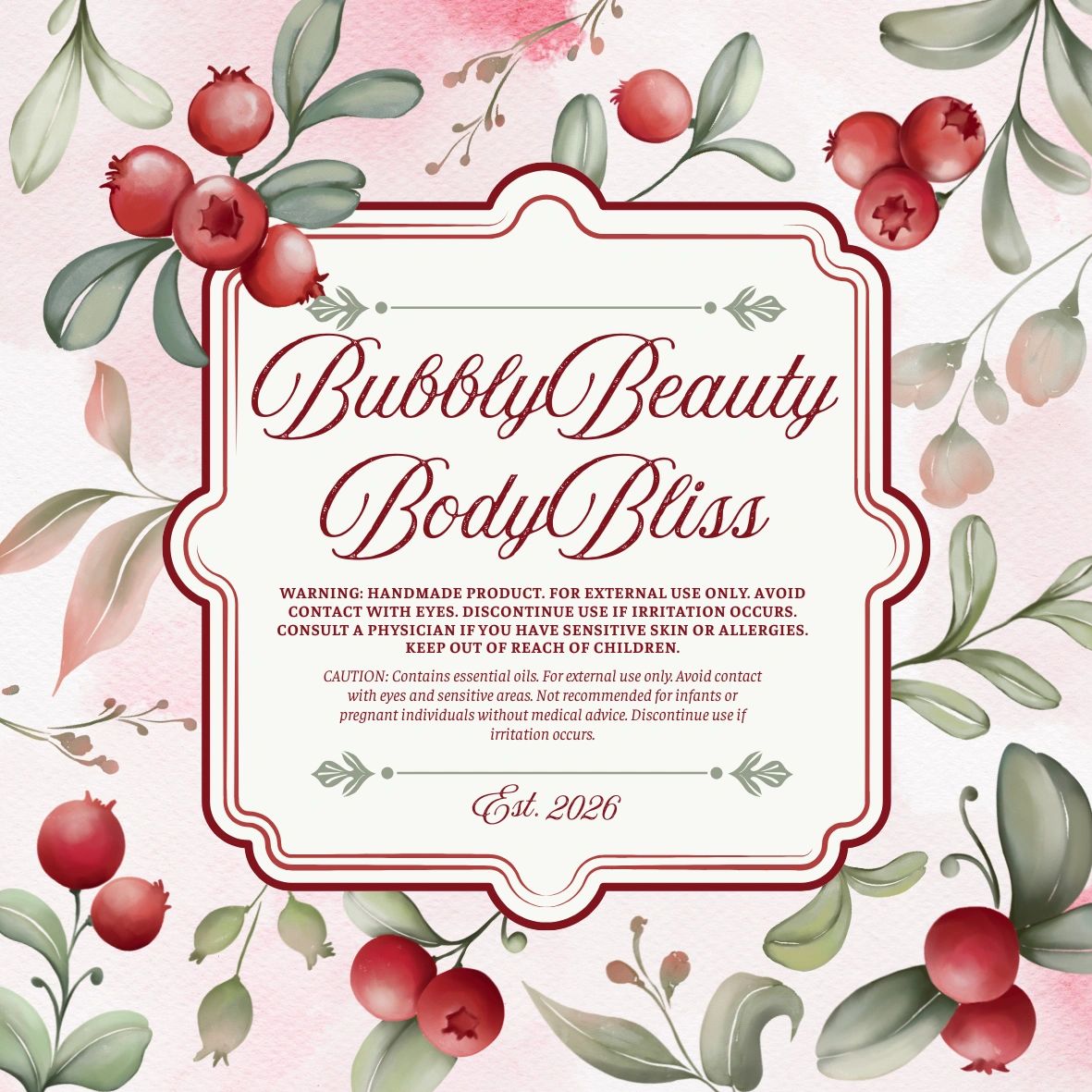 Elegant label for Bubbly Beauty Body Bliss with floral design and safety warnings.