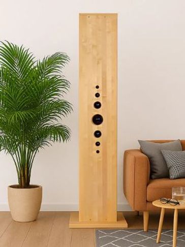 Tall wooden speaker with multiple drivers in a modern living room.