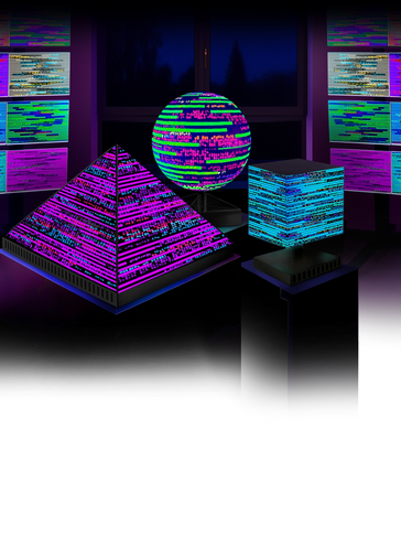 Glowing geometric shapes with neon glitch patterns in a dark room.