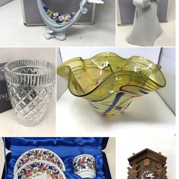 Collection of decorative and functional vintage items including porcelain figurines, glassware, tea set, and a cuckoo clock.