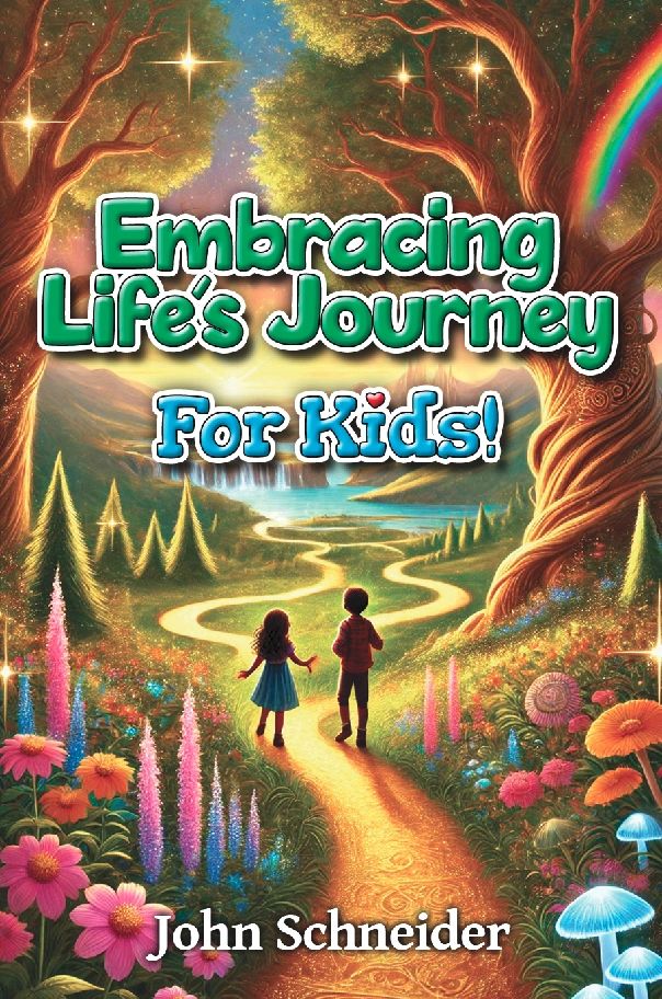 Colorful book cover with two kids walking a magical path in a vibrant forest.