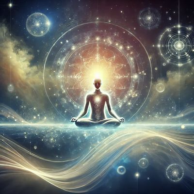 A glowing figure meditates amid cosmic lights and energy waves.