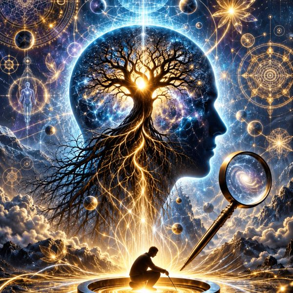 Ilustración surrealista del pensamiento y el universo.