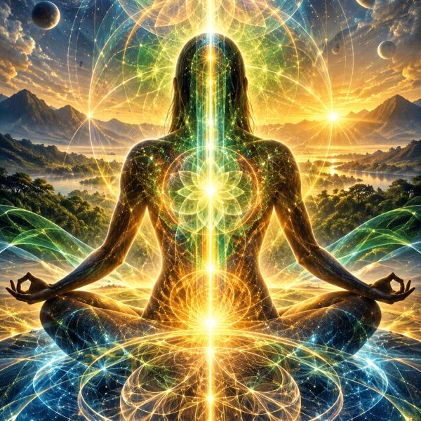 Figura meditativa con luces y símbolos cósmicos.