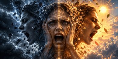 Mujer con tres caras expresando emociones intensas bajo diferentes luces.