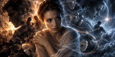 Una mujer rodeada de figuras y rostros en dos contrastes de luz y oscuridad.