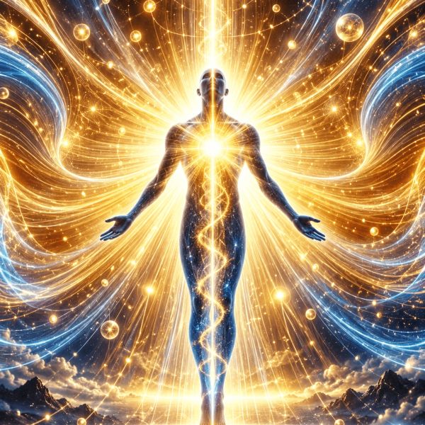 Figura humana luminosa con energía cósmica.