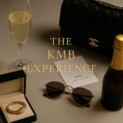 Luxury flatlay with champagne and designer jewelry.