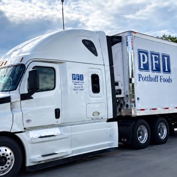 White semi-trailer truck with Potthoff Foods branding.