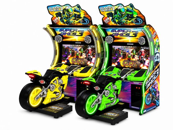 Super Bikes 3 arcade racing game with yellow and green motorcycles.