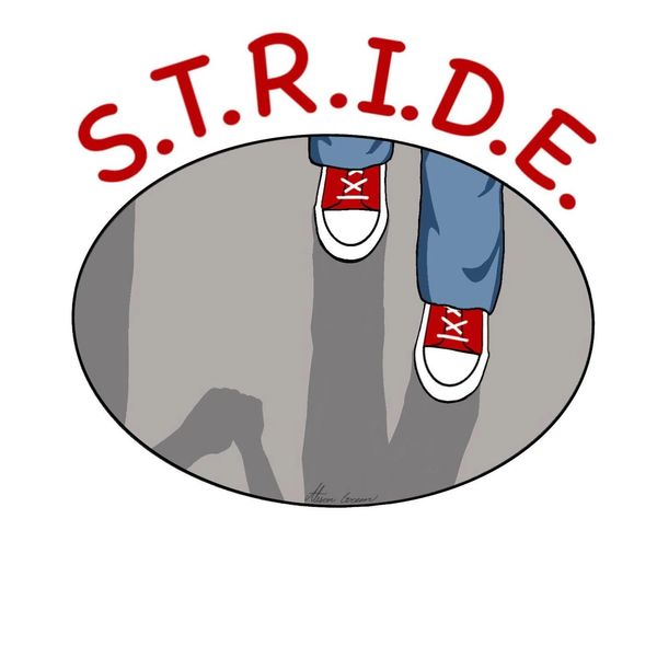 Person wearing red shoes walking confidently with a shadow of a superhero pose.