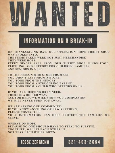 Operation Hope thrift store, Robbed over Thanksgiving!