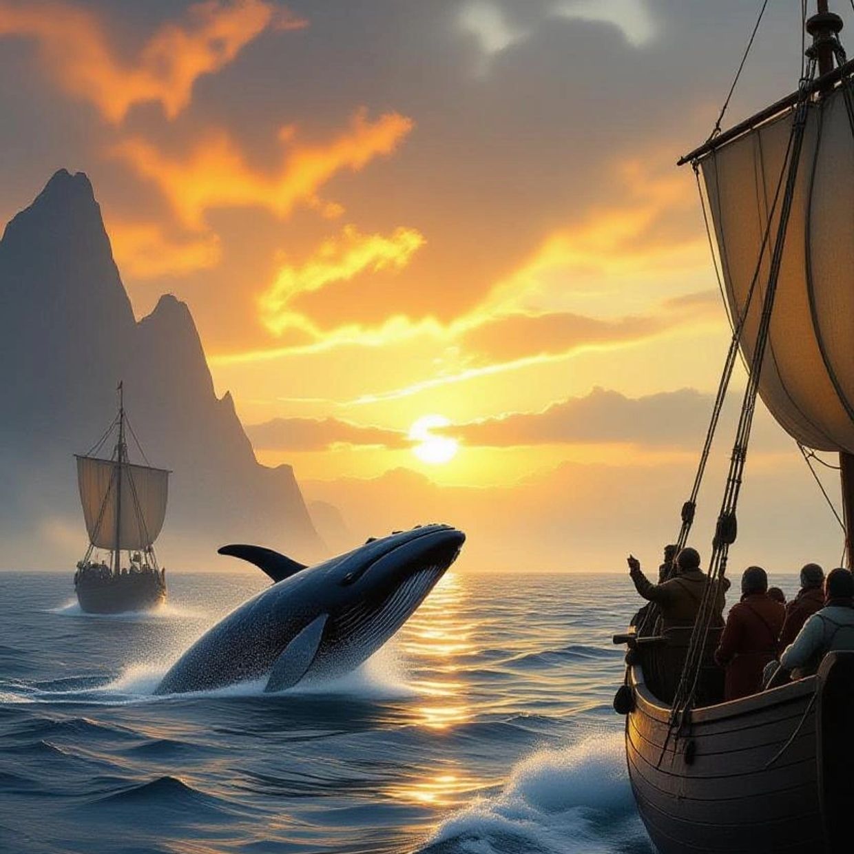 MACROHARD™ wellness origin illustration. Whale breaching at dawn symbolizing wellness growth.